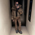 Fashion Leopard Print Ski Suit Women Stand Collar Hooded Zipper Coat Chic Slim Pants 2026 Winter Warm Casual Sport Windproof Set