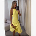 Romantic Halter Lace Up Maxi Dress Women Chic Ribbed Knit Ruffled High-slit Slim Long Dresses 2026 Lady Spring Trendy Vestidos