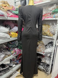 Black, Red And White Pleated Rhinestone Decorated One-Shoulder Long-Sleeved Waist-Cinching Long Fitted Dress, Party And Birthday