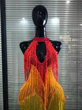 Rainbow Color Women Sexy Off the Shoulder Fringes Bodycon Long Gowns Dress Elegant Evening Party Celebrate Prom Outfit