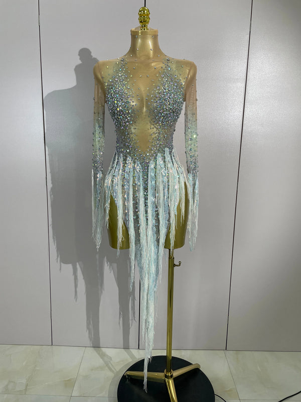 Sexy Sparkly Rhinestone Tassel Long Sleeves Mesh See Through Mini Dress 2026 Women Latin Dance Nightclub Party Club Stage Wear