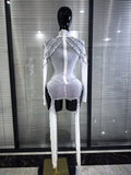 Red Black Women Long Sleeve Sexy Mesh See Through Sparkly Crystal Bodycon Jumpsuit Celebrate Nightclub Bar Dance Stage Wear
