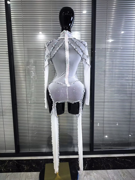 Red Black Women Long Sleeve Sexy Mesh See Through Sparkly Crystal Bodycon Jumpsuit Celebrate Nightclub Bar Dance Stage Wear