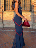 Elegant Spliced Sheer Mesh Dress for Women O Neck Sleeveless High Waist Hit Color Slimming Evening Dresses Female