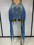 Sparkly Blue Rhinestone Tassel Mesh See Through Dress Pole Dancer Singer Outfit Women Sexy Evening Party Club Stage Costume