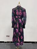 Elegant Floral Printing Long Dressess For Women Stand Collar Lantern High Waist Spliceed Rivet Hollow Out Dress Female New