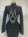 Women Celebrity Evening Party Club Prom Luxury Birthday Dresses Elegant Pearl Beaded Sexy Long Sleeve Bodycon Long Bandage Dres