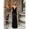 Sequin Deep V-neck Long Dress Women Chic Sleeveless Spaghetti Strap Backless Mermaid Dresses Lady Sexy Evening Party Wear New