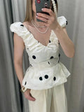 White Spliced Folds Two Piece Set Female V Neck Sleeveless Top Gentle Elegant Women's Skirt Sets Summer Fashion New