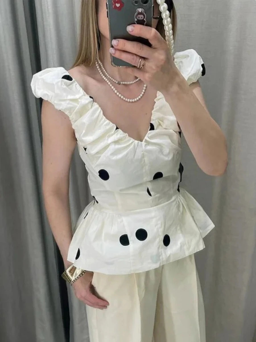 White Spliced Folds Two Piece Set Female V Neck Sleeveless Top Gentle Elegant Women's Skirt Sets Summer Fashion New