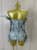 Sexy Sparkly Rhinestone Performance Dancer Stage Bodysuit With Gloves Women Birthday Party Nightclub Bar Dancer Photoshoot Wear