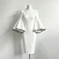 Women's Slim O-neck Midi Dress for Women Flared Sleeves Bodycon Dress 2026 Stylish Contrast Trims Elegant Party Dress
