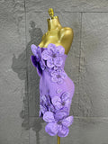 Strapless 3D Handmade Flower RhinestoneBandage Mini Dress Women Sky CorsetBodycon Short Cocktail Party Evening Dress