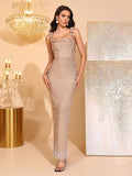 Women'S Luxury Pearl Bead Tight Bandage Long Dress Sexy Square Neck Sleeveless Elegant Evening Wedding Banquet Party Gown
