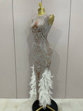 Women Sparkly Rhinestone Feathers Sleeveless O Neck Bodycon Long Dress Wedding Guest Gowns Luxury Birthday Evening Party Dress