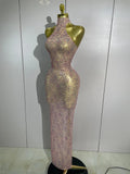Women Sexy Mesh See Through Long Dress Elegant Sparkly Pink Diamond Eveing Party Nightclub DJ Stage Costume Photo Shoot Outfits