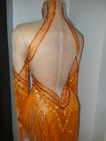 Women Latin Dance Outfits Bar Nightclub Party Club Stage Wear Sparkly Diamond Orange Tassel Long Sleeves Mesh Transparent Dress