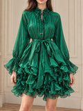 Ruffled Mock Neck Mini Dress for Women Tie Neck Long Sleeve Flare Cuff Self Tie Sash Waist Tiered Ruffle for Party Occasions