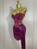 Women Party Celebration Sexy Stage Nightclub Outfit Sparkly Diamonds Crystals Mesh Short Two Pieces Set Luxury Birthday Dress