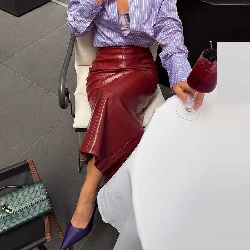 Women 2‑Piece Outfit Glossy Waxed Faux Leather Zip‑Up Jacket And High Waist Split Midi Skirt Set Fall Streetwear Matching Suit