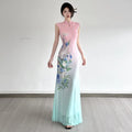 Printed Pink Green Elegant Cheongsam Dress Retro slim-fit Mesh Sleeveless Long Dress For Women Dance Qipao