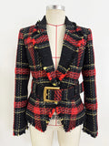 Femininos Elegantes Lapel Plaid Printed Autumn Winter Belt Slim Suit Jackets Female Office Blazer Coats Girls Chic Outfit