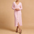 Black Casual Knit Midi Dresses For Women V Neck Gold signle Buttons Accent Textured Fabric Pleated Skirt For Office Commute