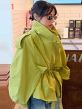 Women Short Trench Coat Lapel Collar Belt Waist Cinched Oversized Long Sleeve Windbreaker Jacket Shoulder Epaulets Spring Autumn