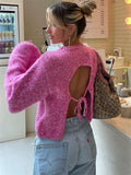 Women's Pink Lace-up Backless Knitted Sweater Long Sleeve Pullover Knitwears Loose Pullovers Top White Jumpers Autumn Clothing