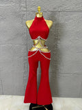 Luxurious Red Two Piece Set Women Sexy Halter Neck Crystal Cutout Crop Top Flare Pants Outfit Stage Performance Costume