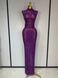 Sparkly Gold Rhinestone Sleeveless Stretch Long Dress Women Sexy Mesh Celebrate Evening Prom Birthday Dress Photo Shoot Wear