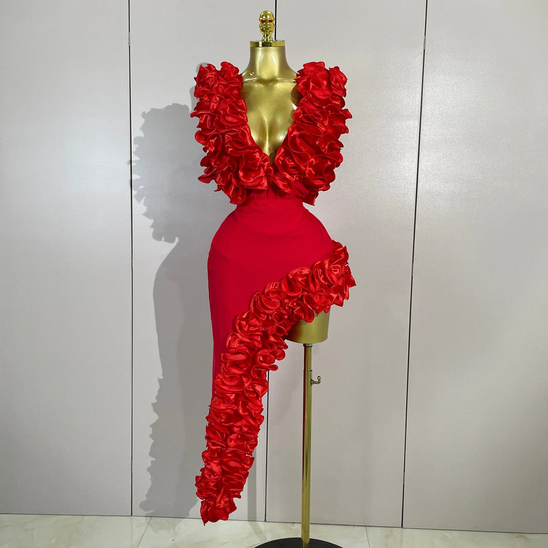 2026 Women Sexy Deep V Ruffle Bodysuit And Irregular Length Skirt Two-piece Set  Sexy Holiday Bikini Swimwear Photo Shoot Wear