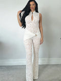 Sexy Jumpsuit Woman Metal Knot Patchwork Jacquard Ruched Waist Stretch Skinny Midnight Workout Streetwear Overalls