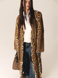 Leopard Print Faux Fur Long Coat Women Plush Belted Waist V Neck Loose Fit Thick Maxi Coats Warm Winter Elegant Luxury Outerwear