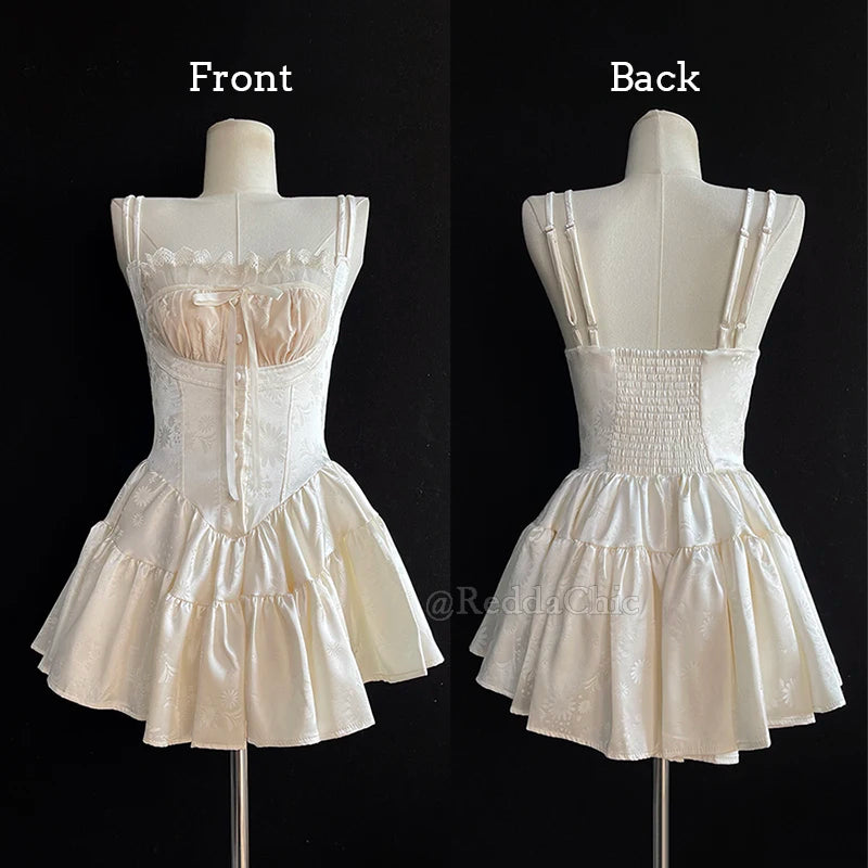 Medieval Retro Satin Mini Dress & Lace Shorts Coquette Floral Corset Camisole Rompers Date Party Summer Women Clothes