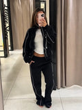 White Stripe 2 Piece Tracksuit Women Stand Collar Zip Jacket And Elastic Waist Wide Leg Pants Set Sporty Casual Matching Outfit