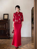 New Qipao Dress Autumn/winter Chinese Style Elegant Temperament Long Knitted Jacquard Slim Red Wedding Dress Set Qipao
