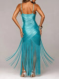 Glam Shiny Spaghetti Strap Cowl Neck Ruched Wrap Maxi Dress for Women High Split Overlay Fringe Hem Club Party Evening Wear