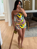 Sequin Patchwork Sling Dress Woman Colorful Print Low-Neck Backless Skinny Peach Hip Evening Party Sexy Mini Bodycon