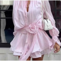 Elegant 3D Flower Cascading Ruffles Short Dress Women Loose Solid Lace Up Full Flare Sleeve Dresses Summer Lady Chic Robes