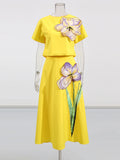 Summer Splicing Flowers Two Piece Sets For Women Short Sleeve Tops High Waist A Line Skirt Slim Set Female Fashion New