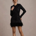Solid Spliced Sequines Slimming Dresses for Women O Neck Long Sleeve Temperament Dress Female Fashion New