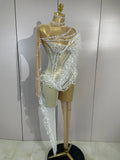 Sexy Mesh See Through Jumpsuit Women Elegant White Pearl Long Sleeves Eveing Birthday Party NightClub Dancer Stage Show Costumes