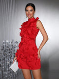 Spliced Appliques Elegant Dresses For Women Stand Collar Sleeveless High Waist Patchwork Zipper Mini Dress Female