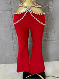 Luxurious Red Two Piece Set Women Sexy Halter Neck Crystal Cutout Crop Top Flare Pants Outfit Stage Performance Costume