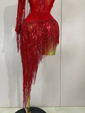 Sparkly Rhinestones Tassel Sexy See-Through Dress Women One Shoulder Latin Dance Outfits Bars Nightclub Party Stage Costume
