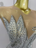 Women Luxury Rhinestone Sleeveless Silver Long Dress Sexy Mesh See Through Evening Prom Birthday Photo Shoot Singer Stage Outfit