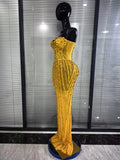 Sparkly Red Golden Big Crystal Women Strapless Mesh See Through Bodycon Long Maxi Dress Elegant Evening Party Cocktail Outfit