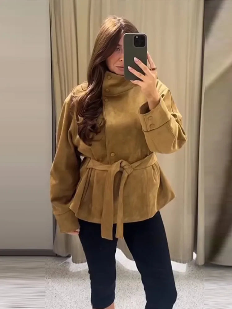 Women Suede Jacket Stand Collar Asymmetric Button Belted Waist Peplum Hem Long Sleeve Loose Retro Casual Outerwear Fashion Coat