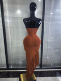 Brown Color Women Sexy Strapless Shining Diamond Keyholes Bodycon Mid-calf Bandage Dress Nightclub Party Celebrate Birthday Wear